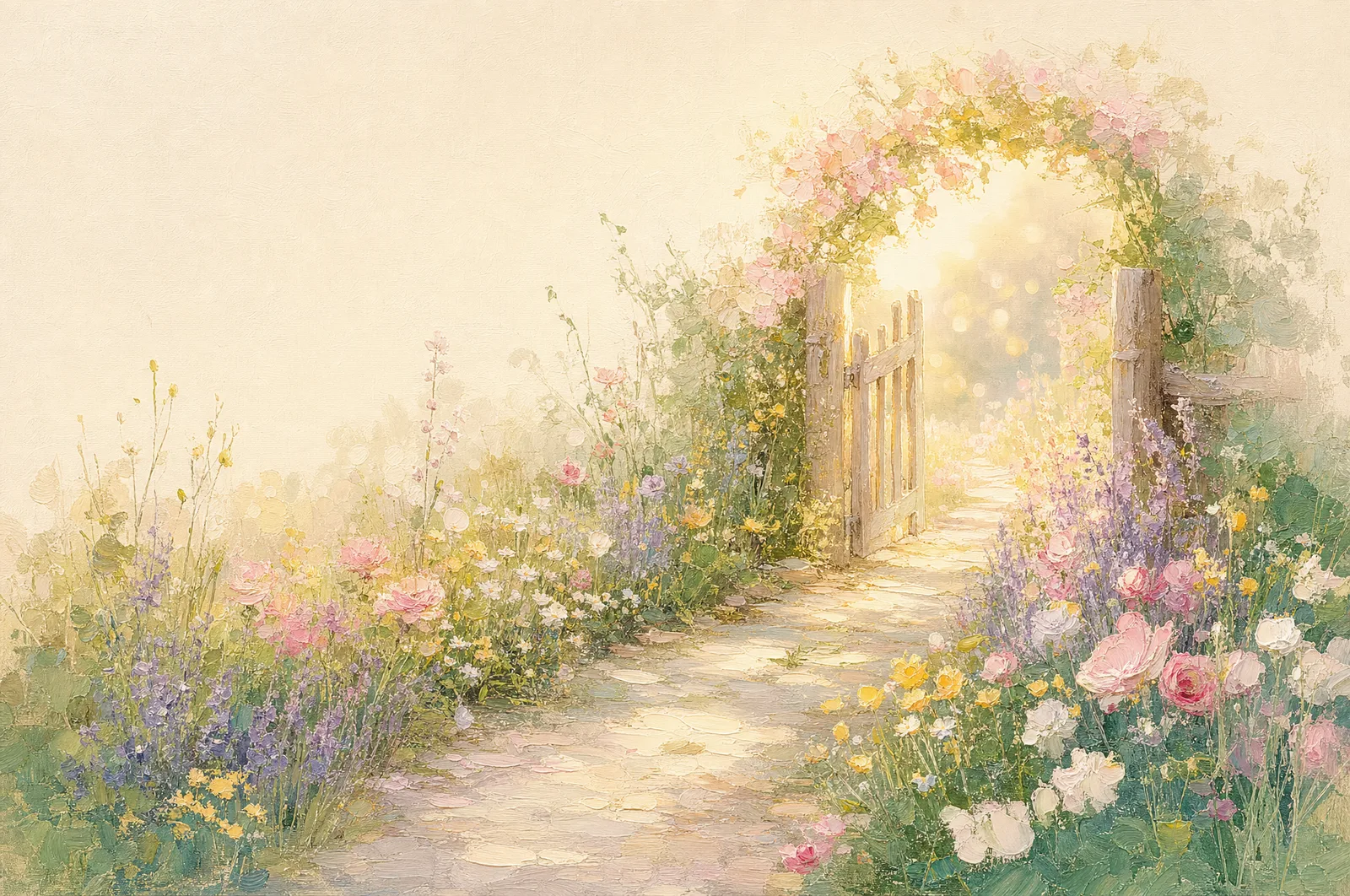 Pastell-Ölgemälde eines Gartenwegs durch eine blühende Wiese, der auf ein offenes Gartentor im Morgenlicht zuläuft