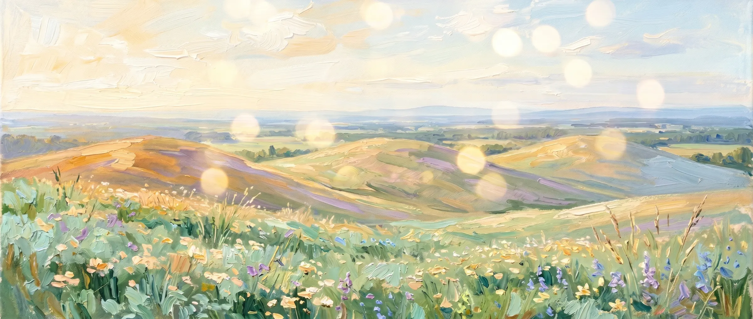 Pastell-Ölgemälde einer Hügellandschaft mit Wildblumenwiese im Morgenlicht