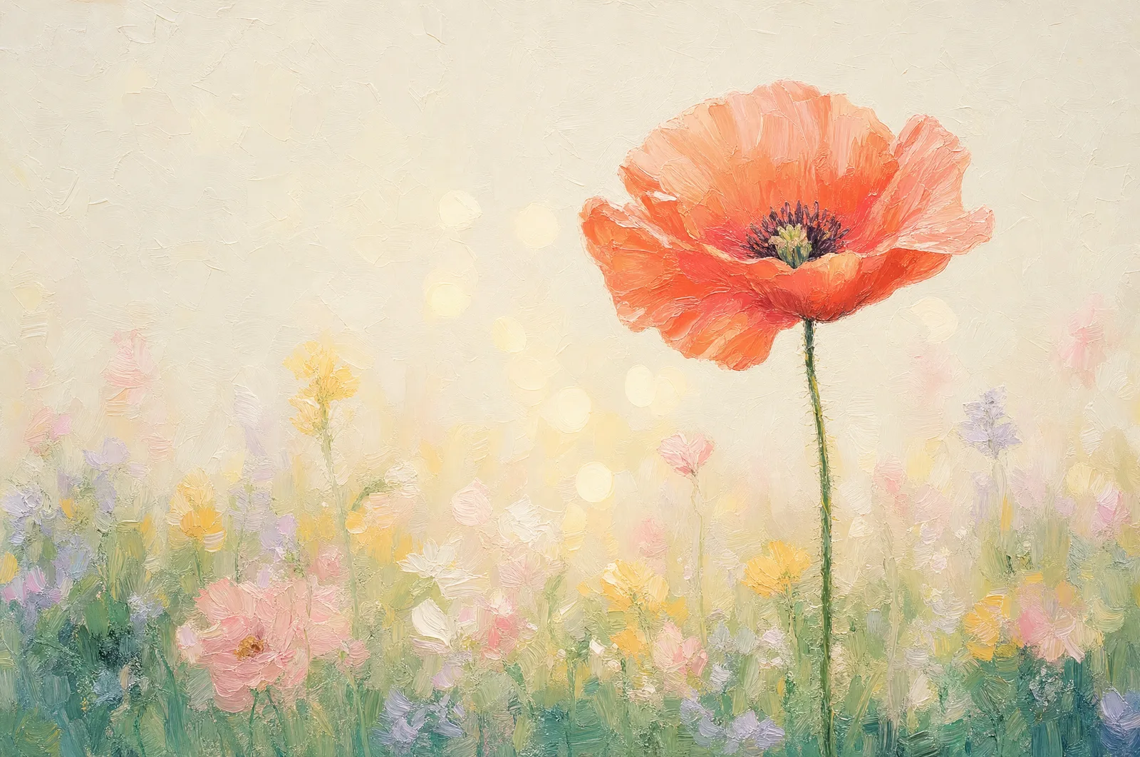Pastell-Ölgemälde eines einzelnen leuchtend roten Mohns, der über einer hellen Blumenwiese aufragt