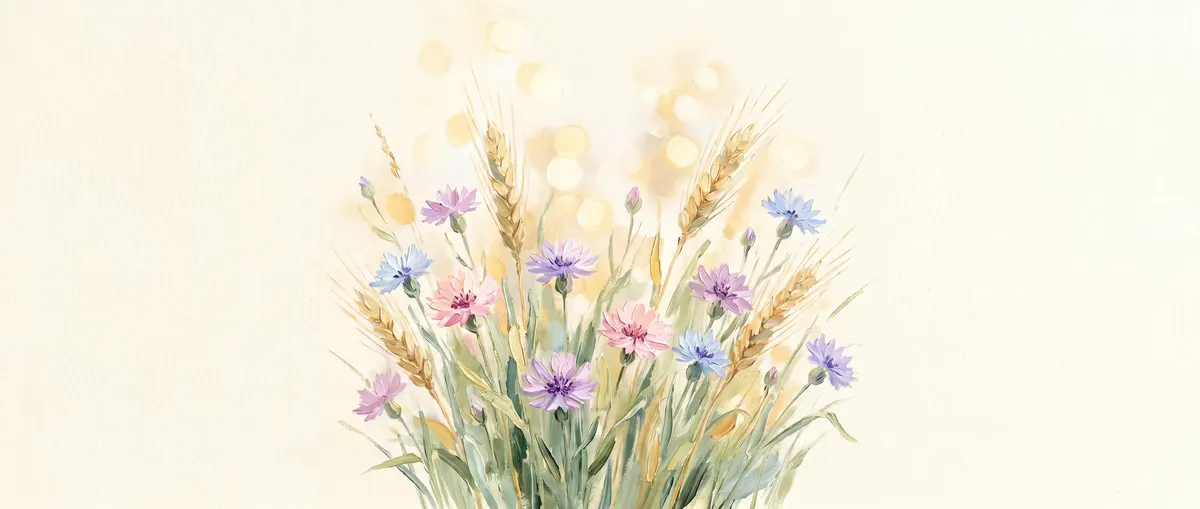 Pastell-Ölgemälde eines Straußes aus Weizenähren und Kornblumen vor hellem Hintergrund