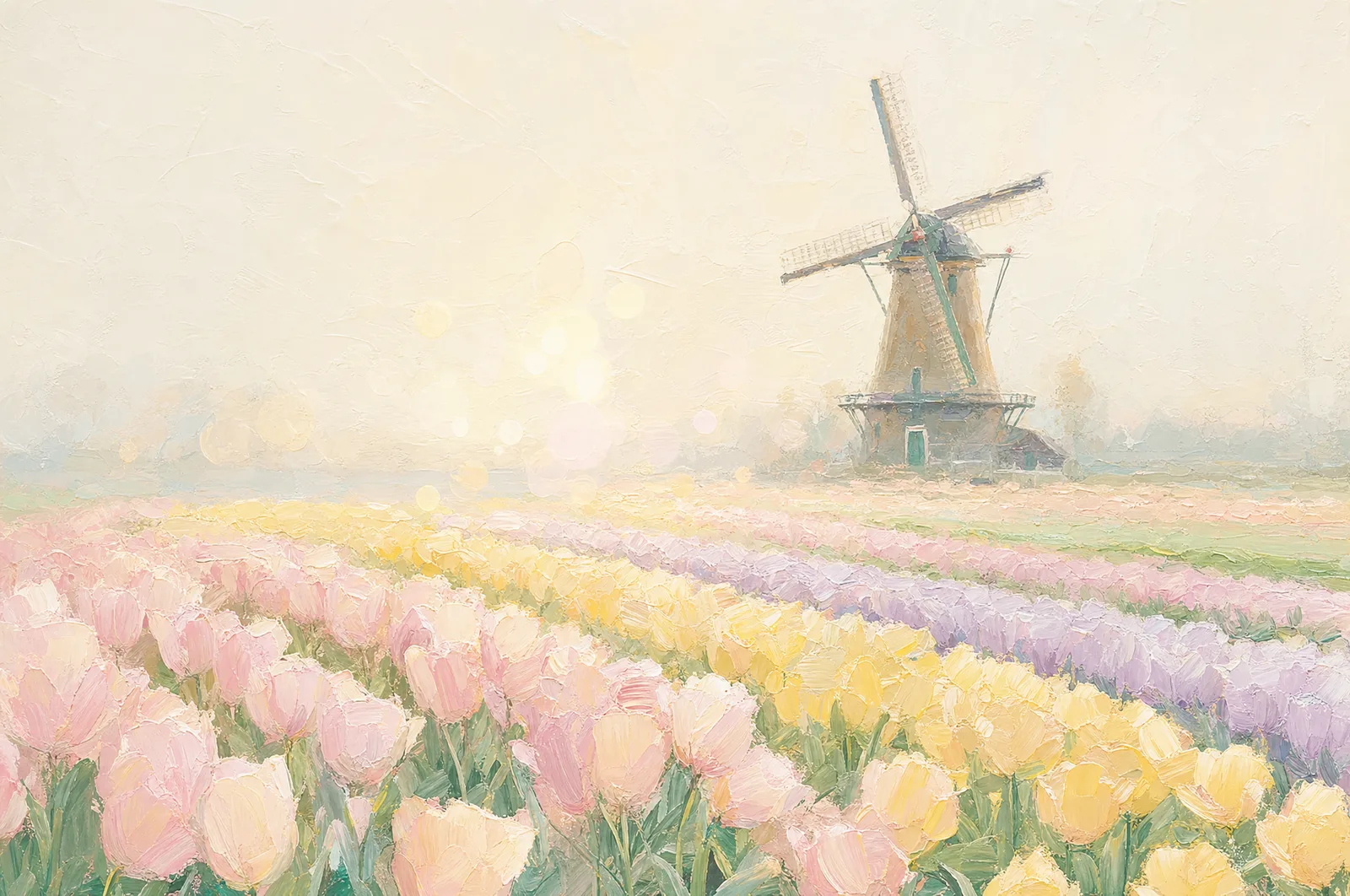 Pastell-Ölgemälde einer Windmühle über Reihen pastellfarbener Tulpen im Morgendunst